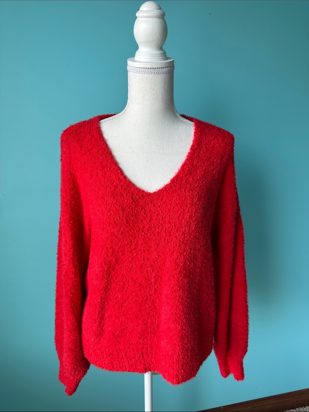 Sanctuary Bright Red V-Neck Fuzzy Sweater